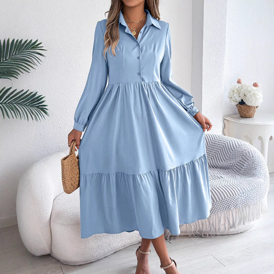 Autumn Winter Collared Casual Loose Long Sleeve Ruffled Shirt Dress Women Clothing