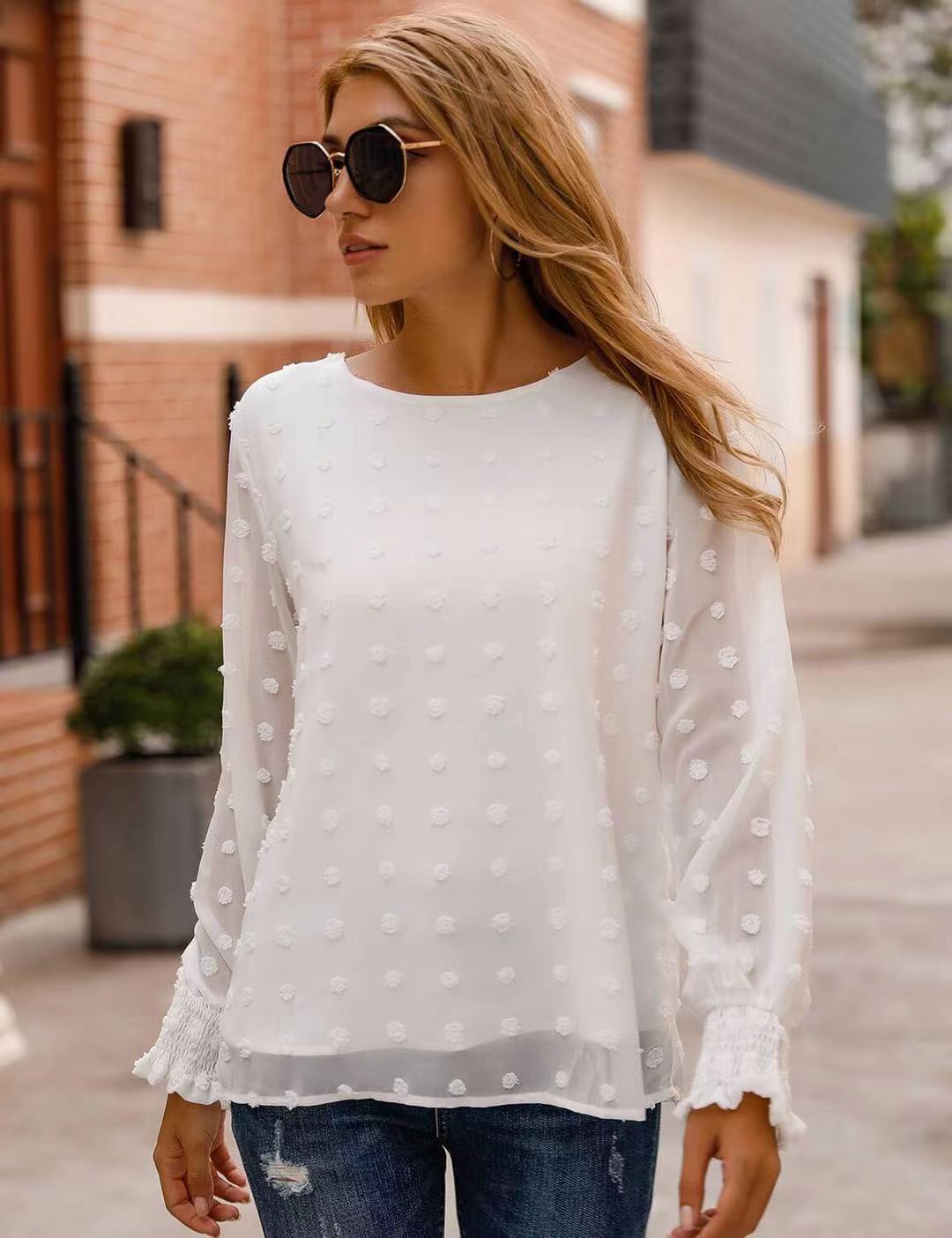 Arrival round Neck Jacquard Chiffon Shirt Loose Women Commuting Wear Autumn Long Sleeved Top