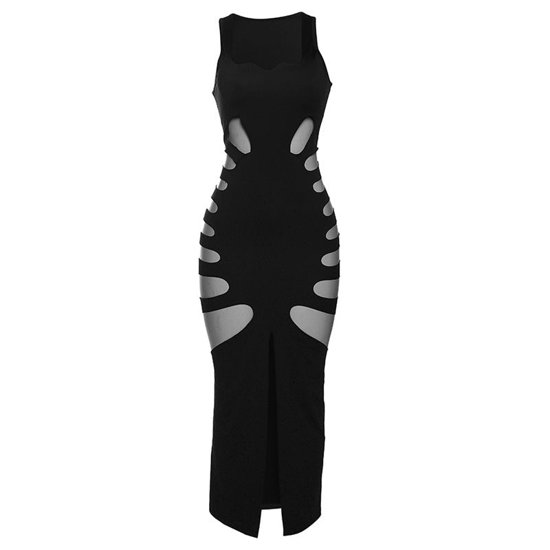 Spring Women Clothes Hollowed out Low Collar High Waist Sheath Slit Slim Fitting Maxi Dress