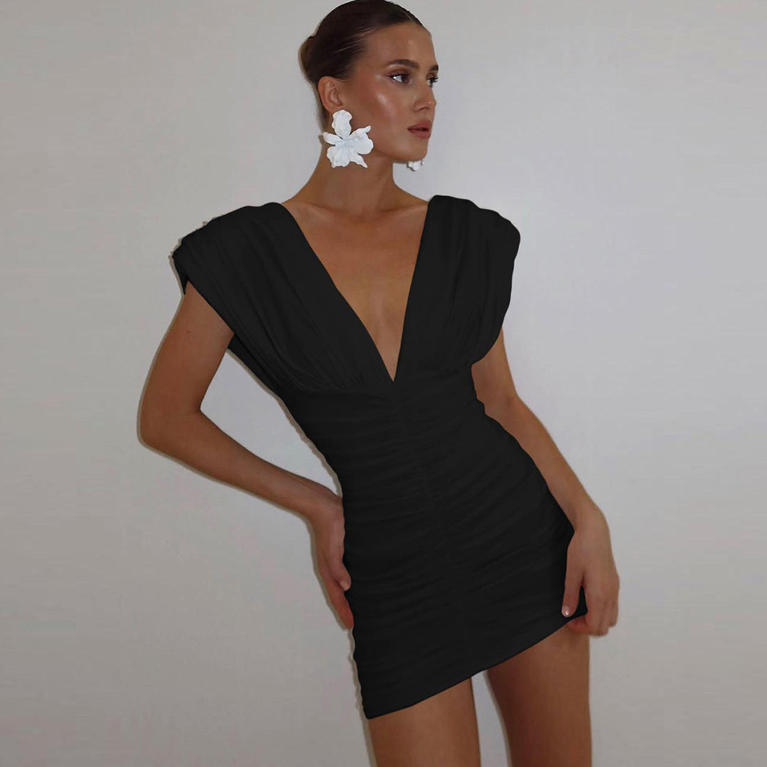 Summer Women Sexy V neck Hip Pleated Solid Color Slim Fit Dress