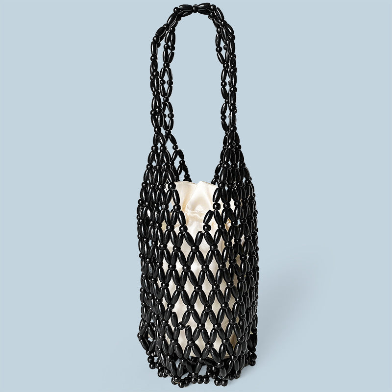 Wooden Bead Hollow Out Cutout out Handmade Bag Women Special Interest Design Bucket Bag All Match Office Shoulder Women Bag Universal Women Bag