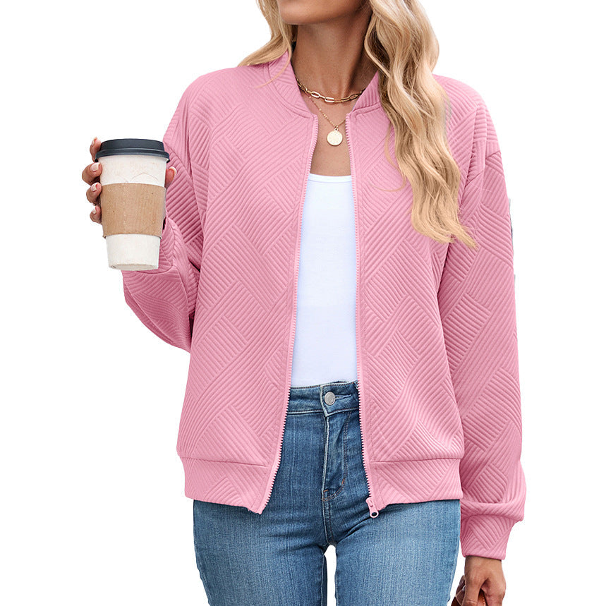 Autumn Winter Solid Color round Neck Loose Zip Long Sleeve Sweatshirt Varsity Jacket