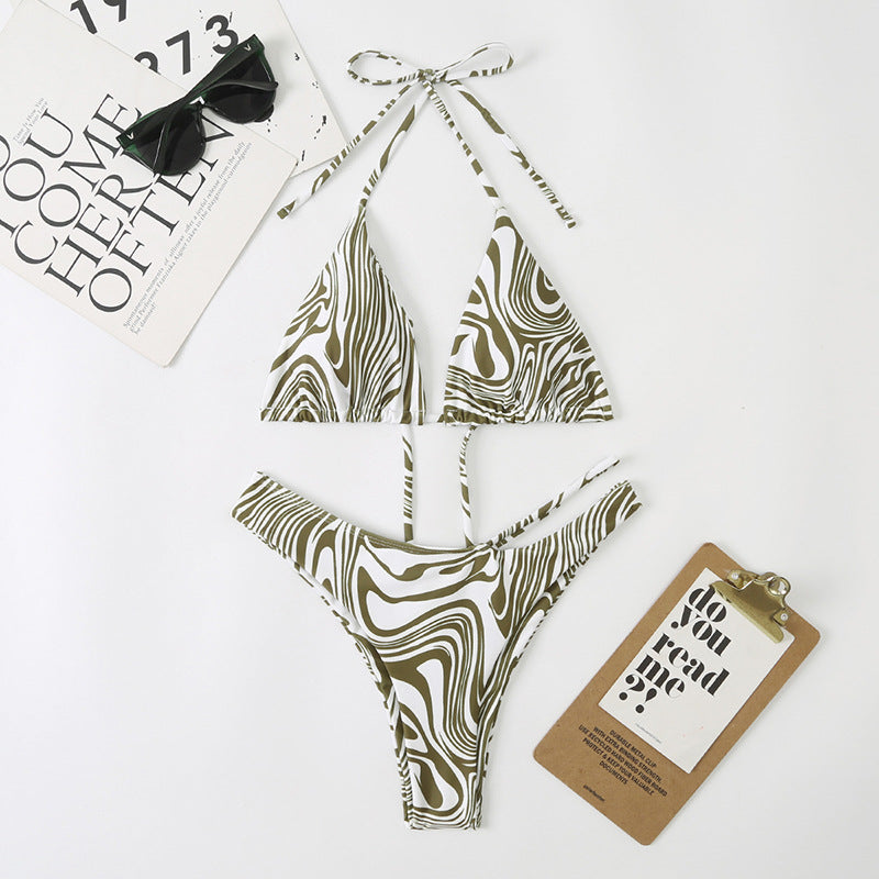 Multi Color Digital Printing Women Split Bikini Lace Up Swimsuit