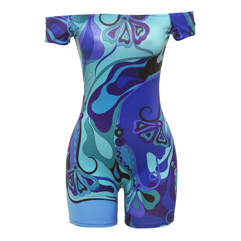 Summer Sexy off Shoulder Cinched Bodycon Hip Lifting Printed Romper