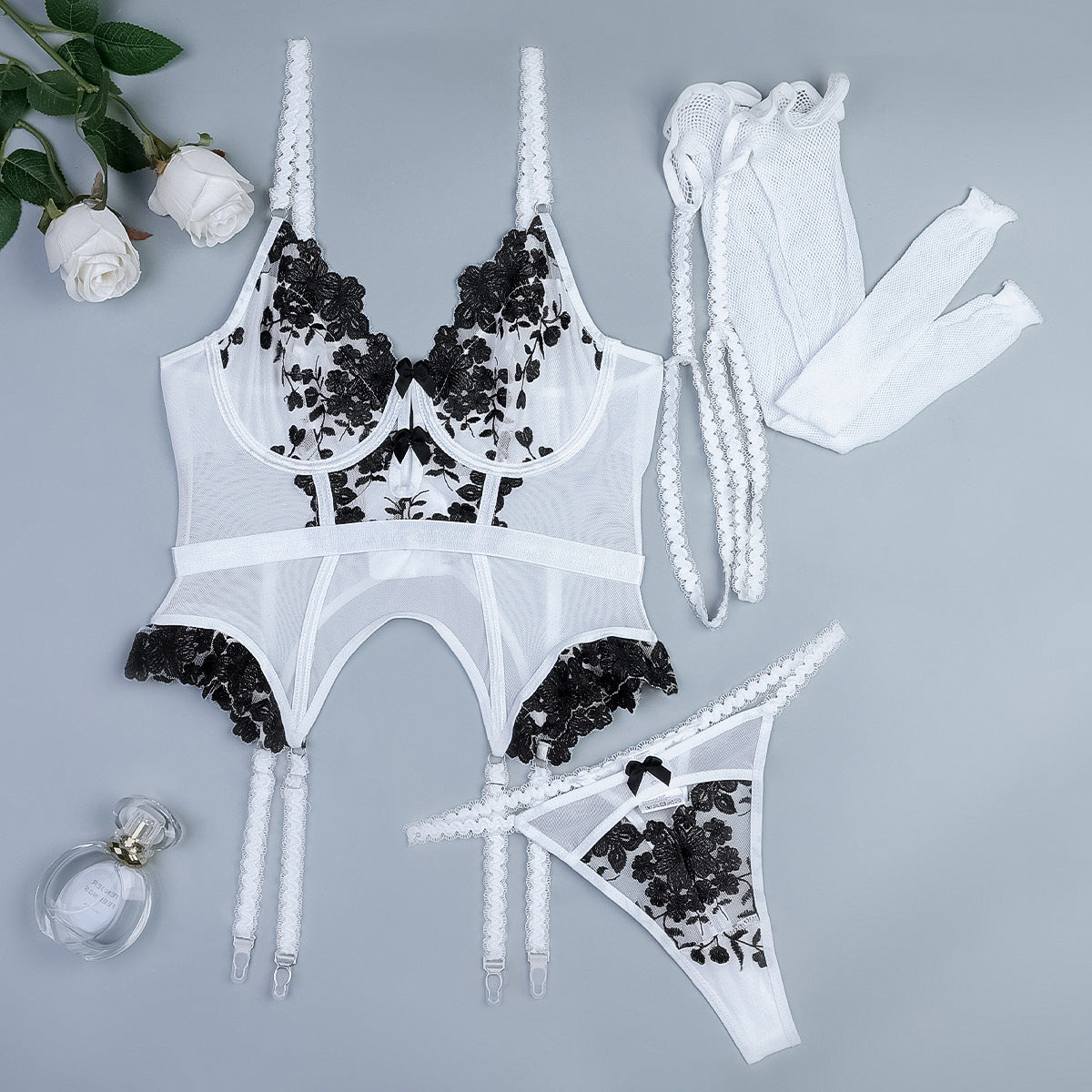 Long Mesh Socks with Legs Exquisite Embroidered Floral Black White Stitching Cute Waist Strap Sexy Lingerie Three Piece Set