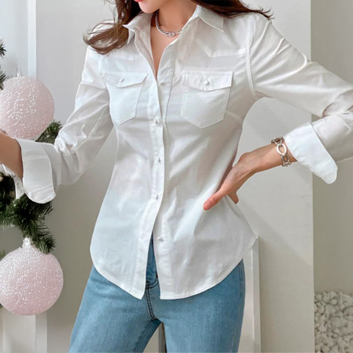 Women Clothing Autumn Simple Vacation Button Long Sleeve Tops Shirt