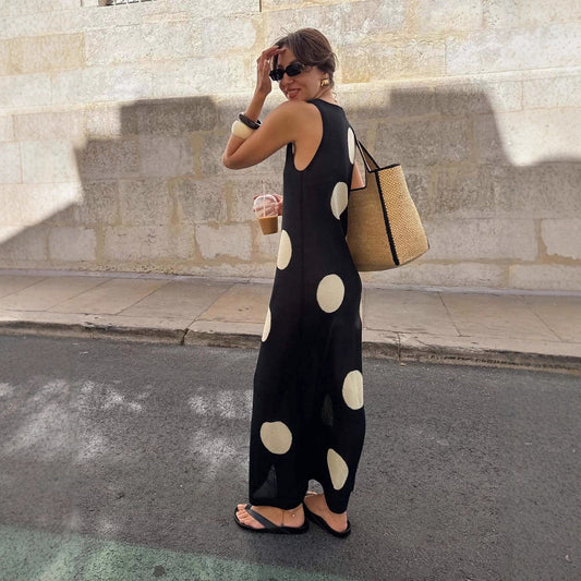 Autumn Winter Polka Dot Casual Slimming Knitted Maxi Dress Bohemian Beach See through Dress Women