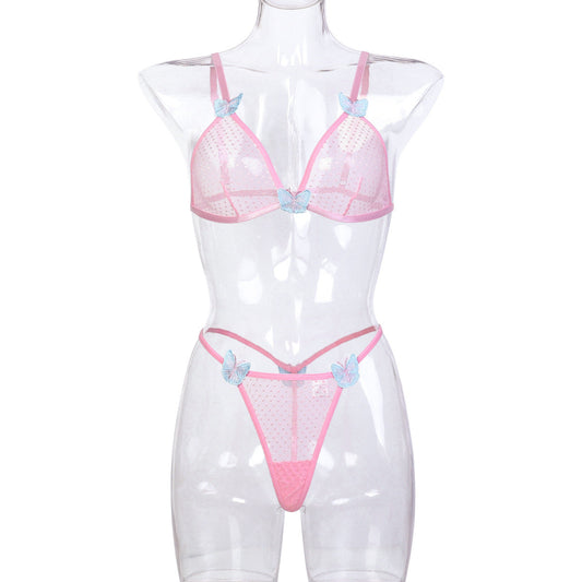 Underwear Pink Two Piece Butterfly Three Dimensional Embroidery Sexy Lingerie