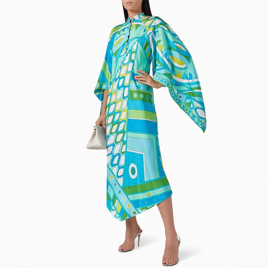 Autumn Winter Positioning Printing Long Sleeve Stand Collar Dress Loose Party Dress