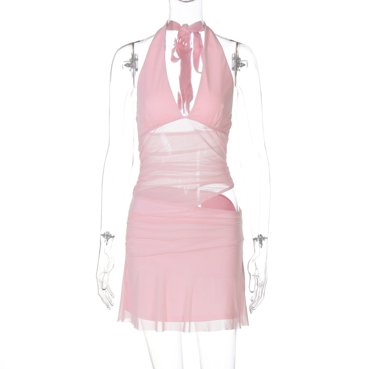 Women Clothing Sexy Deep V Plunge Stitching Mesh Hollow Out Cutout Hip Wrapped Short Halter Dress
