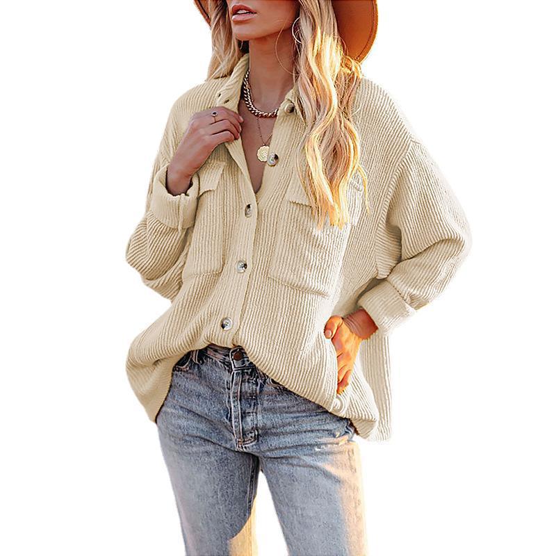 New Autumn Winter Shacket Solid Color Loose Corduroy Pocket Long Sleeve Outerwear