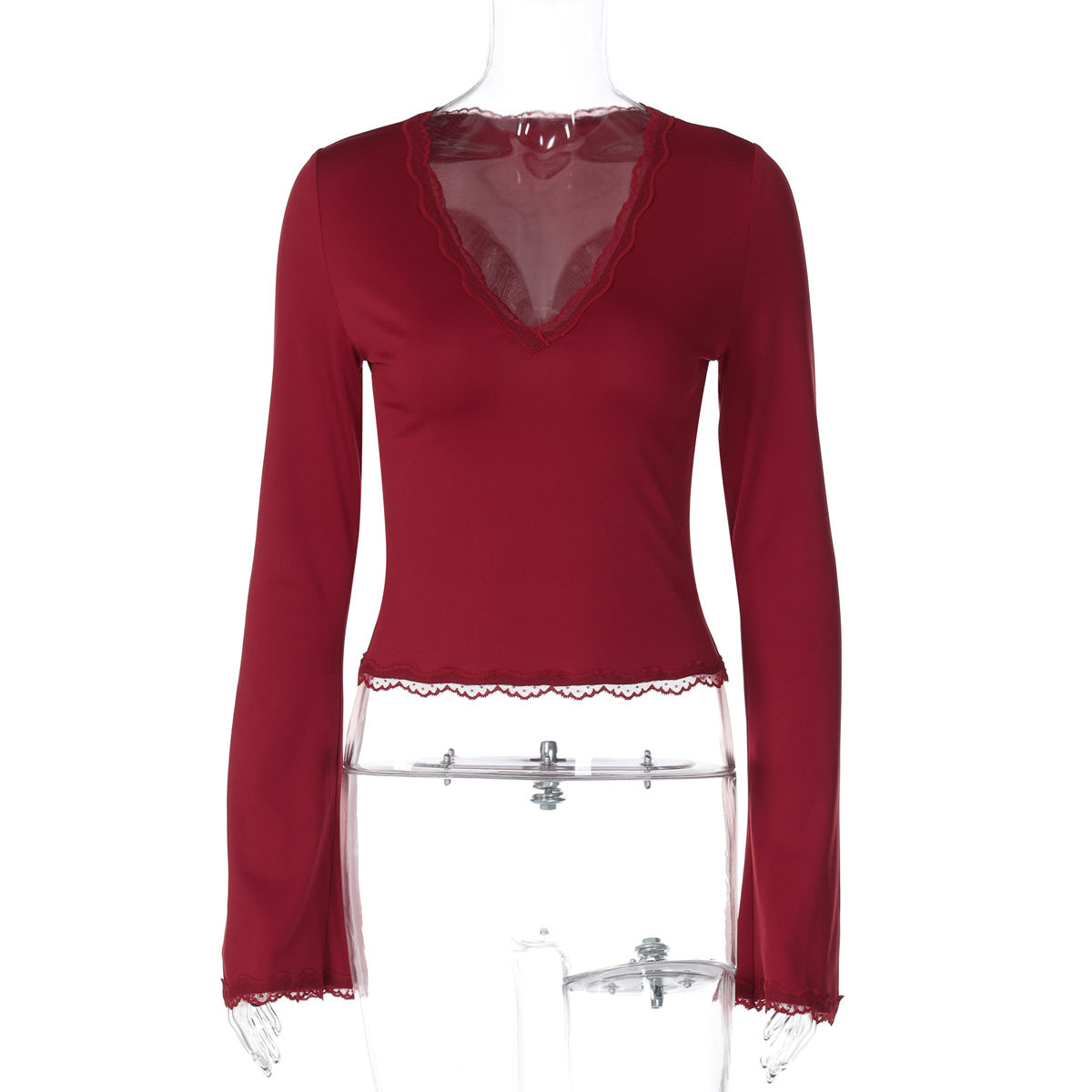 Fall Women Clothing Long Sleeve V neck Sexy Lace Slim T shirt Women
