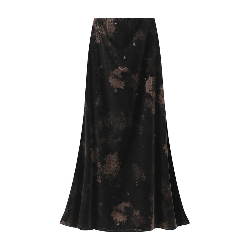 Autumn Winter Retro Polka Dot Printed Fishtail Skirt Women Autumn High Waist Slimming Velvet