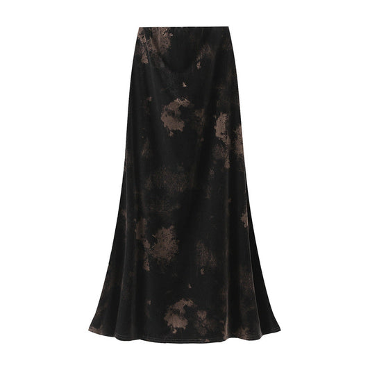 Autumn Winter Retro Polka Dot Printed Fishtail Skirt Women Autumn High Waist Slimming Velvet