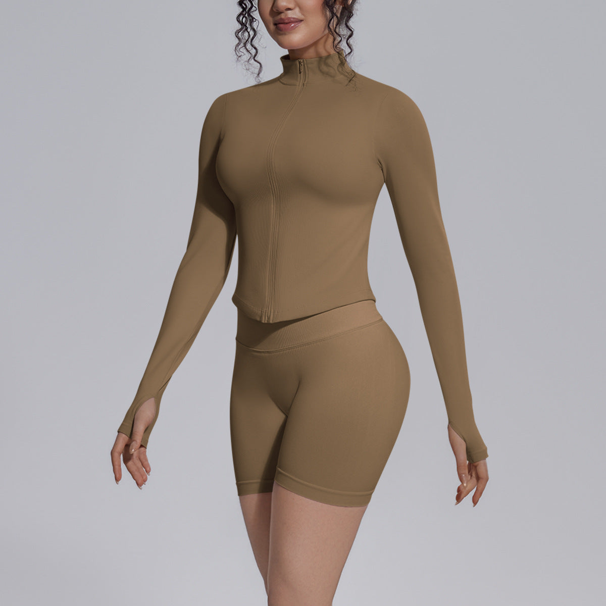 Seamless Knitted Long Sleeve Zipper Yoga Jacket Tight V Waist Yoga Shorts Fitness Yoga Wear Set for Women
