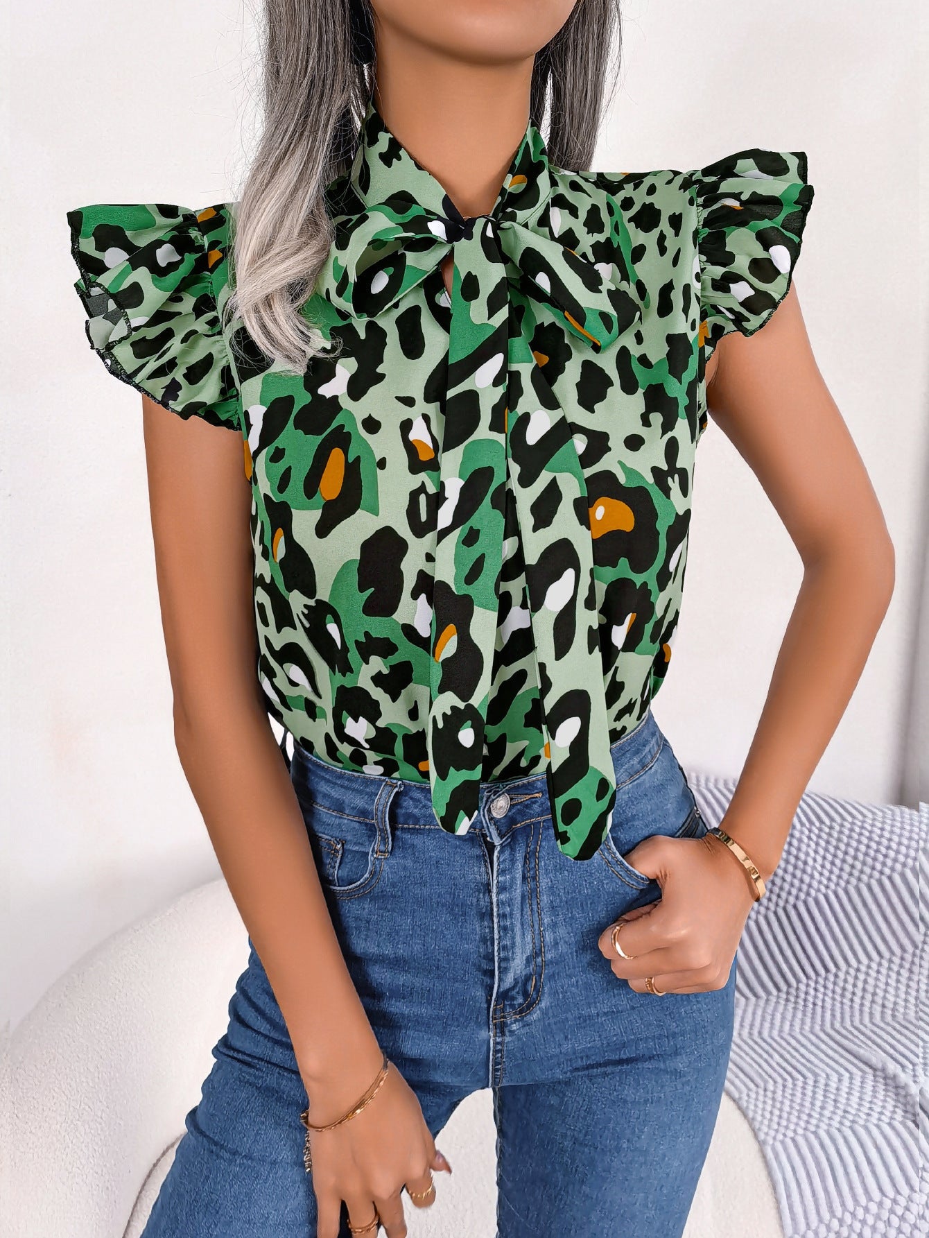 Spring Summer Casual Leopard Print Stringy Selvedge Lace Up Chiffon Blouse Top Women Clothing