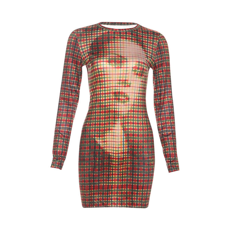 Autumn Slim Printed Plaid Long Sleeve Narrow Short Skirt Special Dress Women Clothing