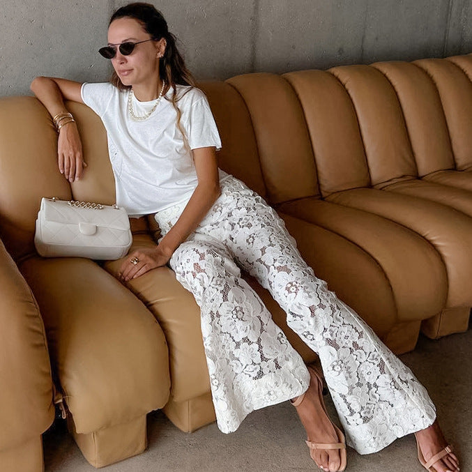 Cotton Lace White Jacquard See through High Waist Casual Flared Pants Spring Trousers