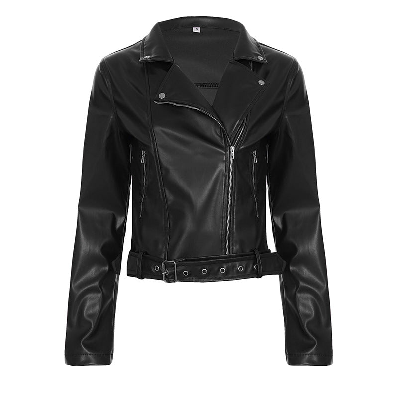 Retro Elegant Leather Zipper Coat Women Short Slimming Street Solid Color Jacket