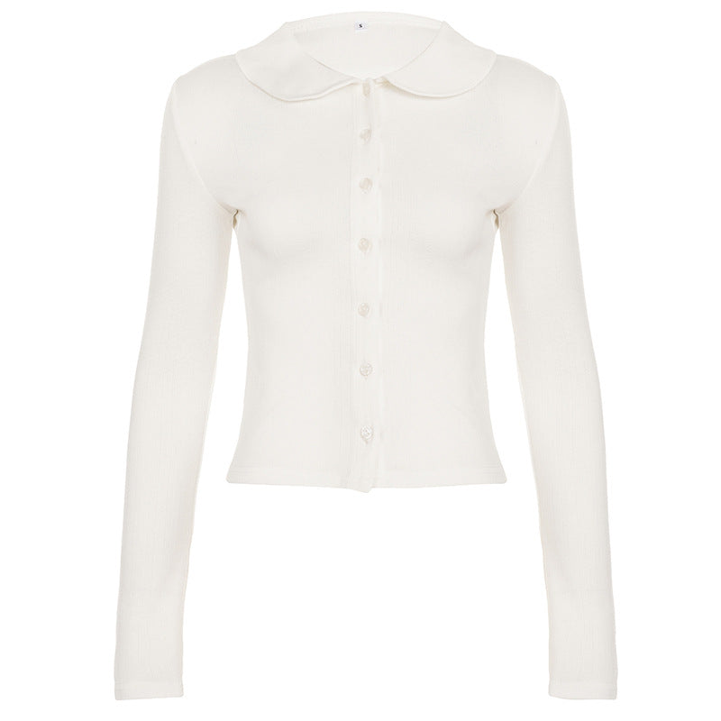 Arrival Sweet White Doll Collar Knitted Cardigan Girly Basic Texture Shirt
