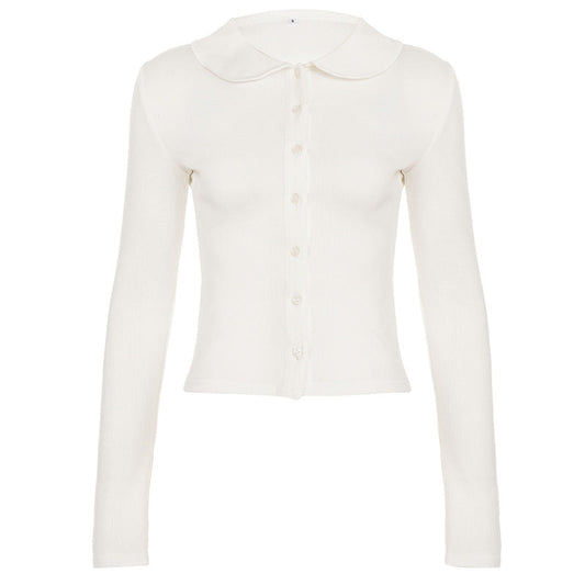 Arrival Sweet White Doll Collar Knitted Cardigan Girly Basic Texture Shirt