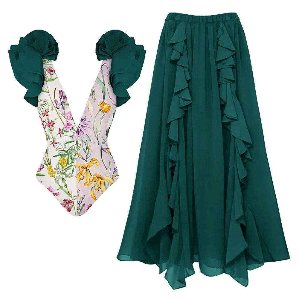 Sexy Swimsuit Women Conservative Cover Belly Swimsuit Spring Chiffon Beach Skirt Set Swimsuit