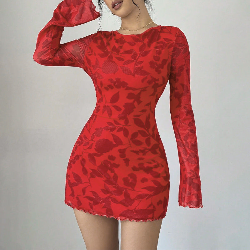 Autumn round Neck Long Sleeve Sexy Leopard Print Lace up Backless Short Dress