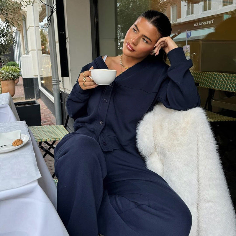 Autumn Button Cardigan Coat High Waist Solid Color Loose Trousers Idle Set