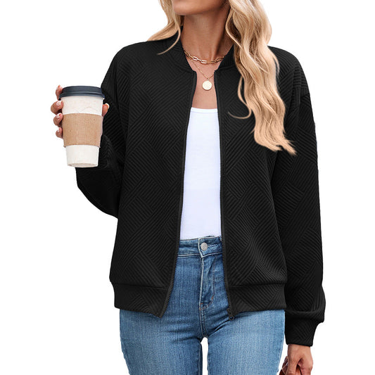 Autumn Winter Solid Color round Neck Loose Zip Long Sleeve Sweatshirt Varsity Jacket