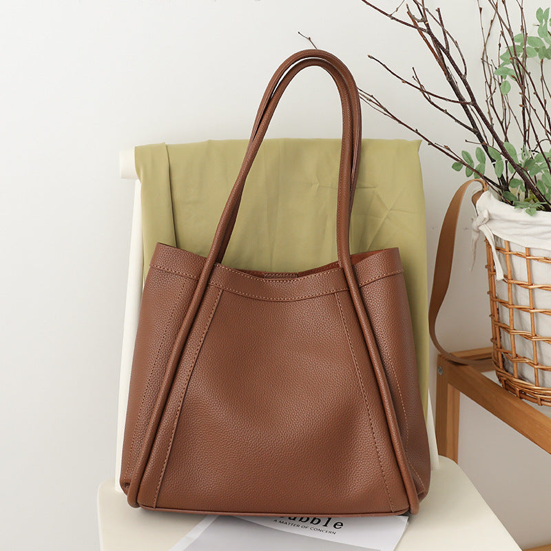 Elegant Large Capacity Tote Bag for Females - Retro Soft PU Shoulder Bucket Bag, Textured Hobo Bag 2 in 1