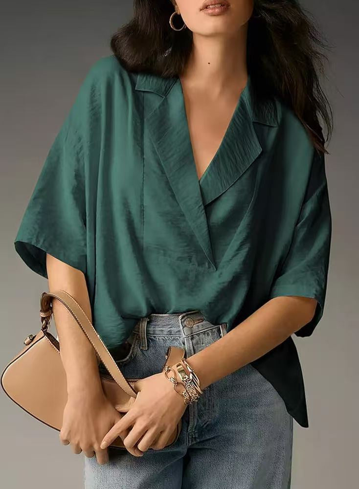 Women Summer Short Sleeve Collared Casual Loose Top Solid Color Shirt