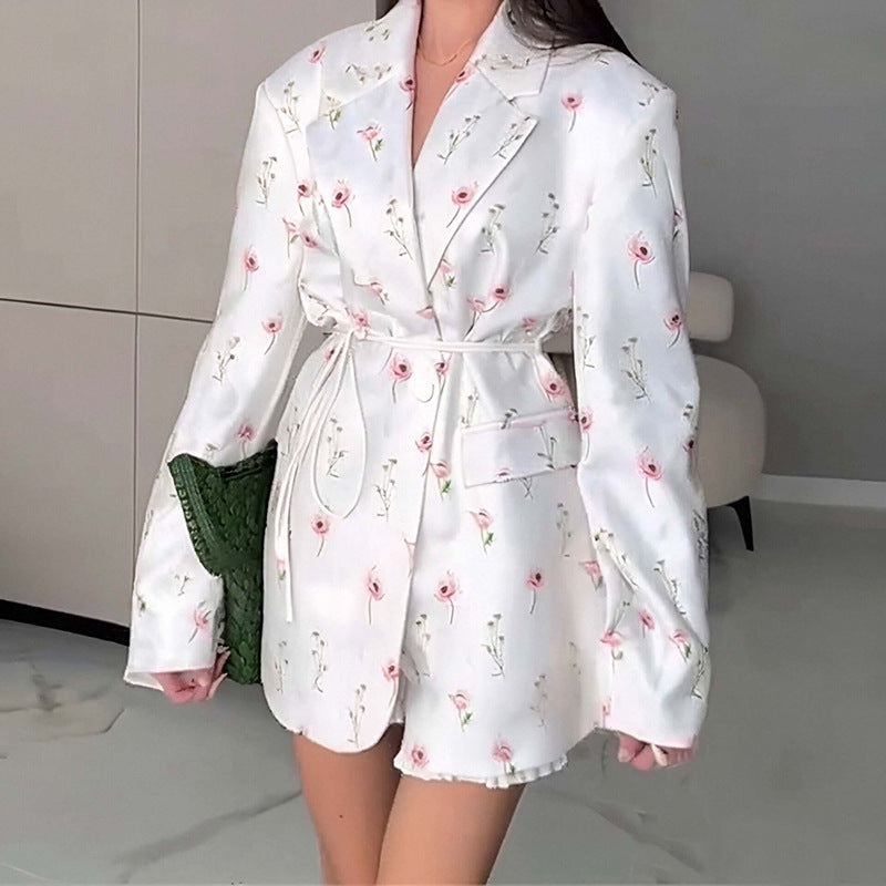 Women Clothing Spring Autumn Printed Loose Collar Lace up Waist Tight Blazer