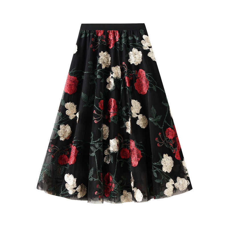 Retro High Waist Slimming Embroidered Large Floral Sweet Net Yarn Mid Length Fairy Skirt
