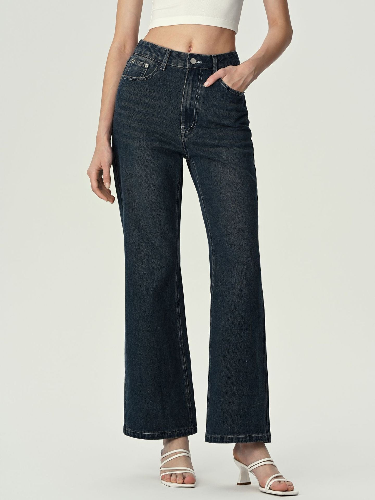 Retro Blue Women Clothing Loose High Slimming Flared Denim Trousers