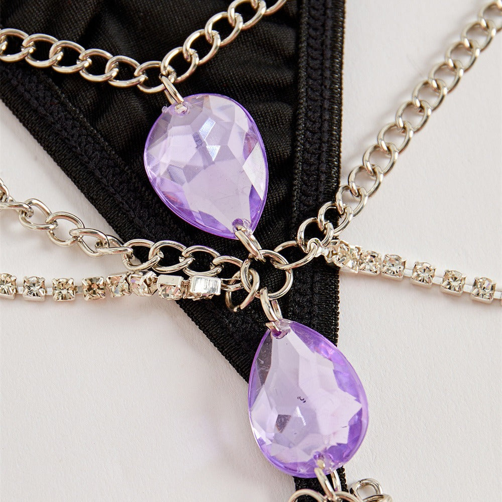 Sexy Spice Girls Nightclub Splicing Metal Gem Sex Thong Panties Women