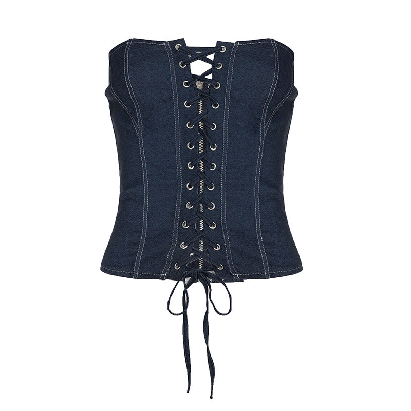Self Built Solid Color Sexy Lace up Tube Top Sexy Pleated Skirt Imitation Denim Two Piece Sets