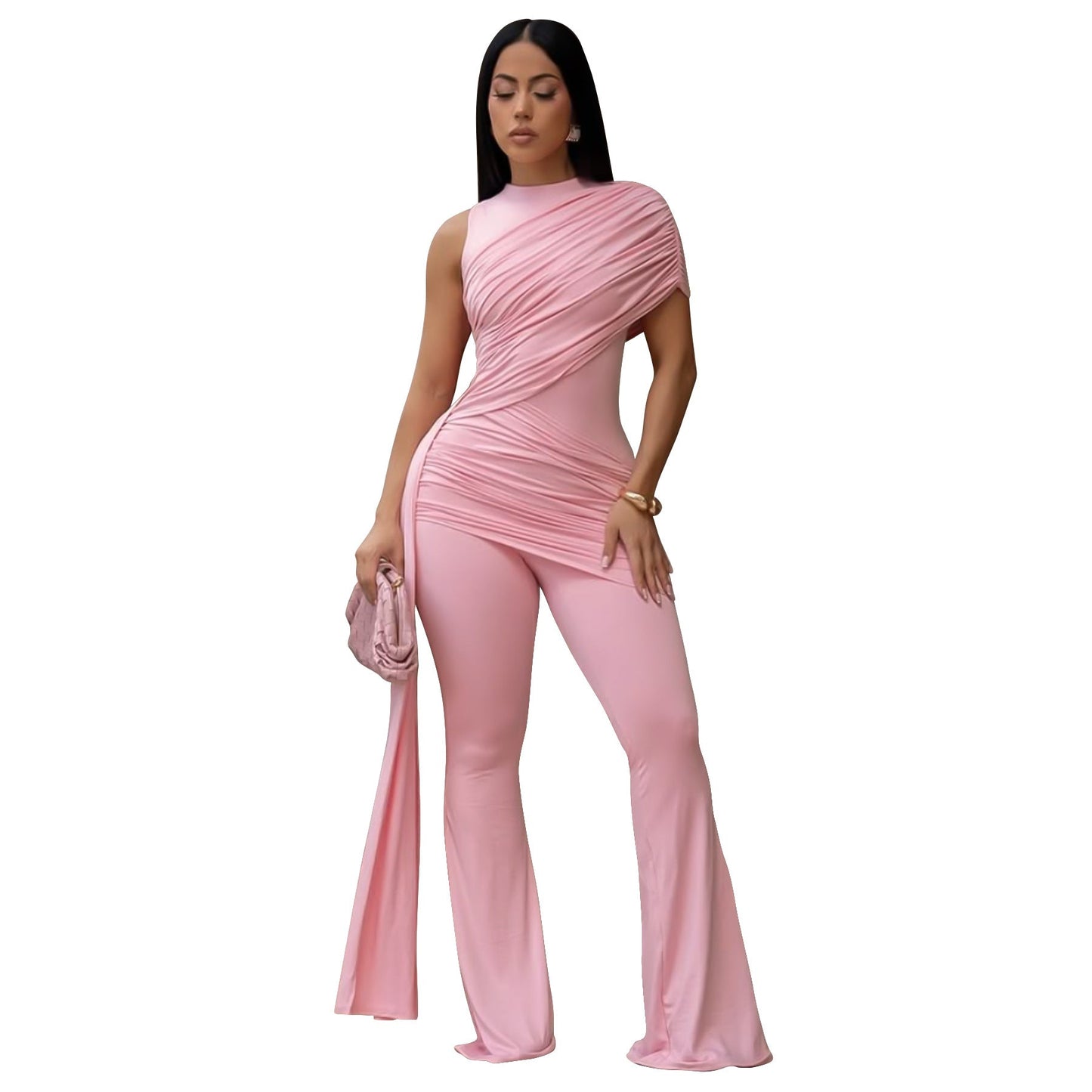 Women Clothing Summer round Neck One Shoulder Pleated Ribbon Sexy Slim Fit