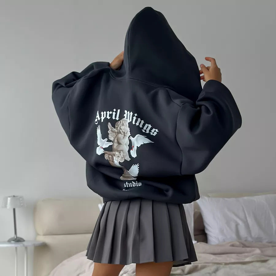 Loose Personality Trendy Sexy Casual Top Angel Print Hooded Zipper Sweatshirt for Women Spring Autumn