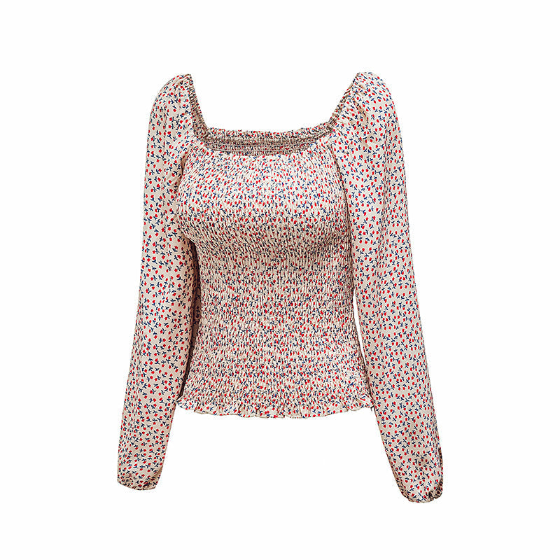 Square Collar Pullover Women Spring Autumn Long Sleeve Waist Tight Slimming Lantern Sleeves Top Women