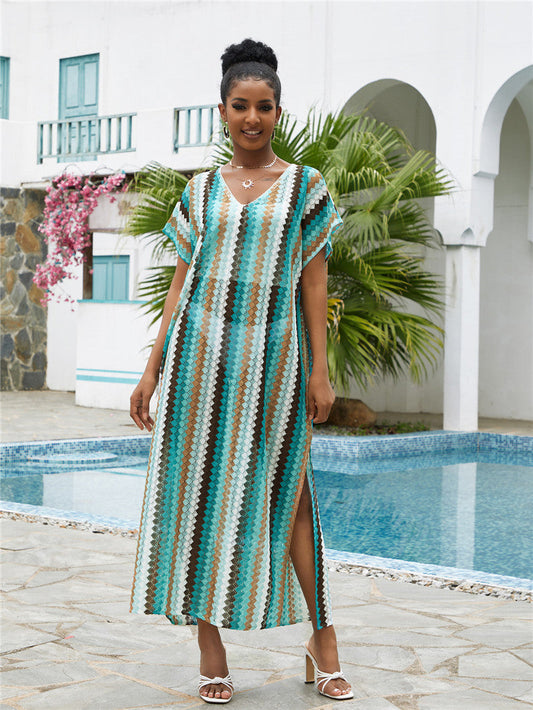 Lace Vertical Stripe Beach Blouse Sexy Hollow Out Cutout Loose Robe Sun Protection Shirt Beach Cover Up