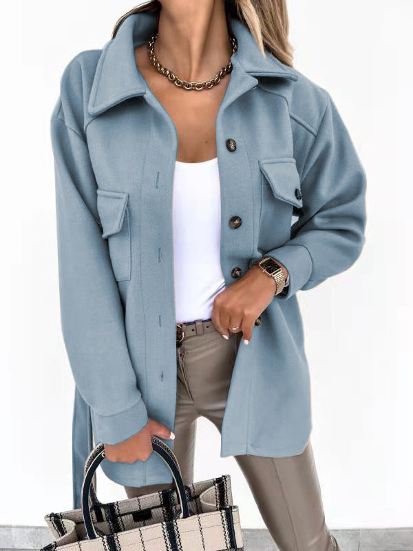 Fall Winter Lapels Single Breasted Thickened Solid Color Shirt Woolen Baggy Coat Female