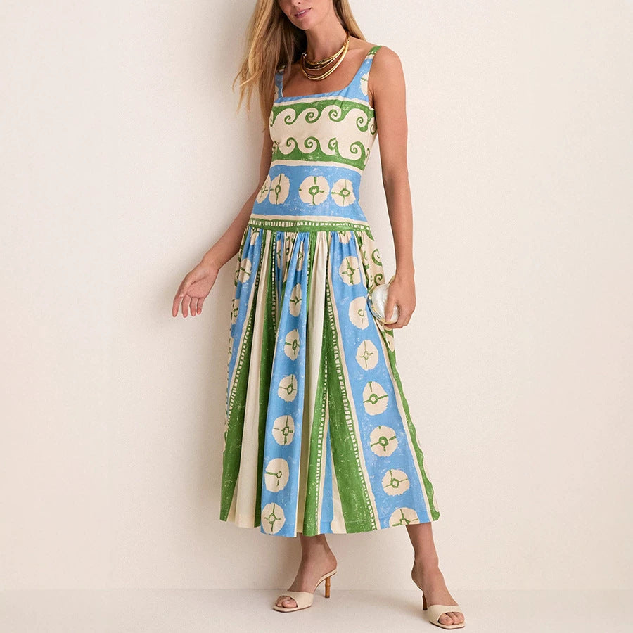 Summer Linen Positioning Printed Dress Loose Vacation Dress for Women