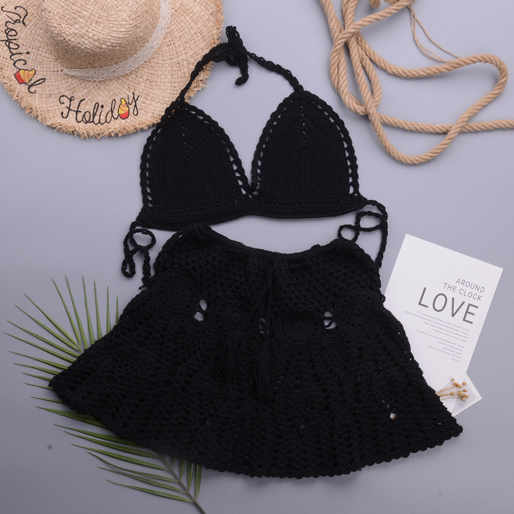 Hollowed out Lotus Bud Short Skirt Split Hand Woven Beach Swimsuit Vacation Two Piece Sets