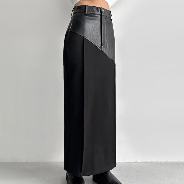Women Clothing Retro Faux Leather Stitching Design Half Length Skirt Women Wild High Waist Slit Hip Skirt