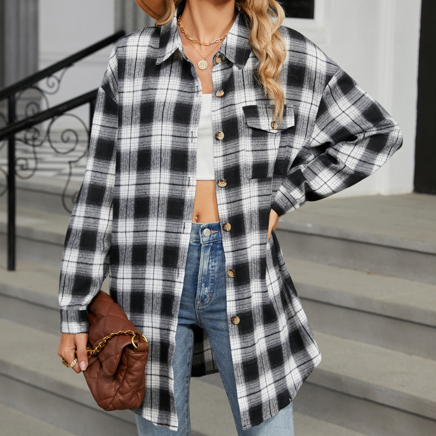 Autumn Winter Oversize Plaid Shirt Brushed Long Sleeve Shirt