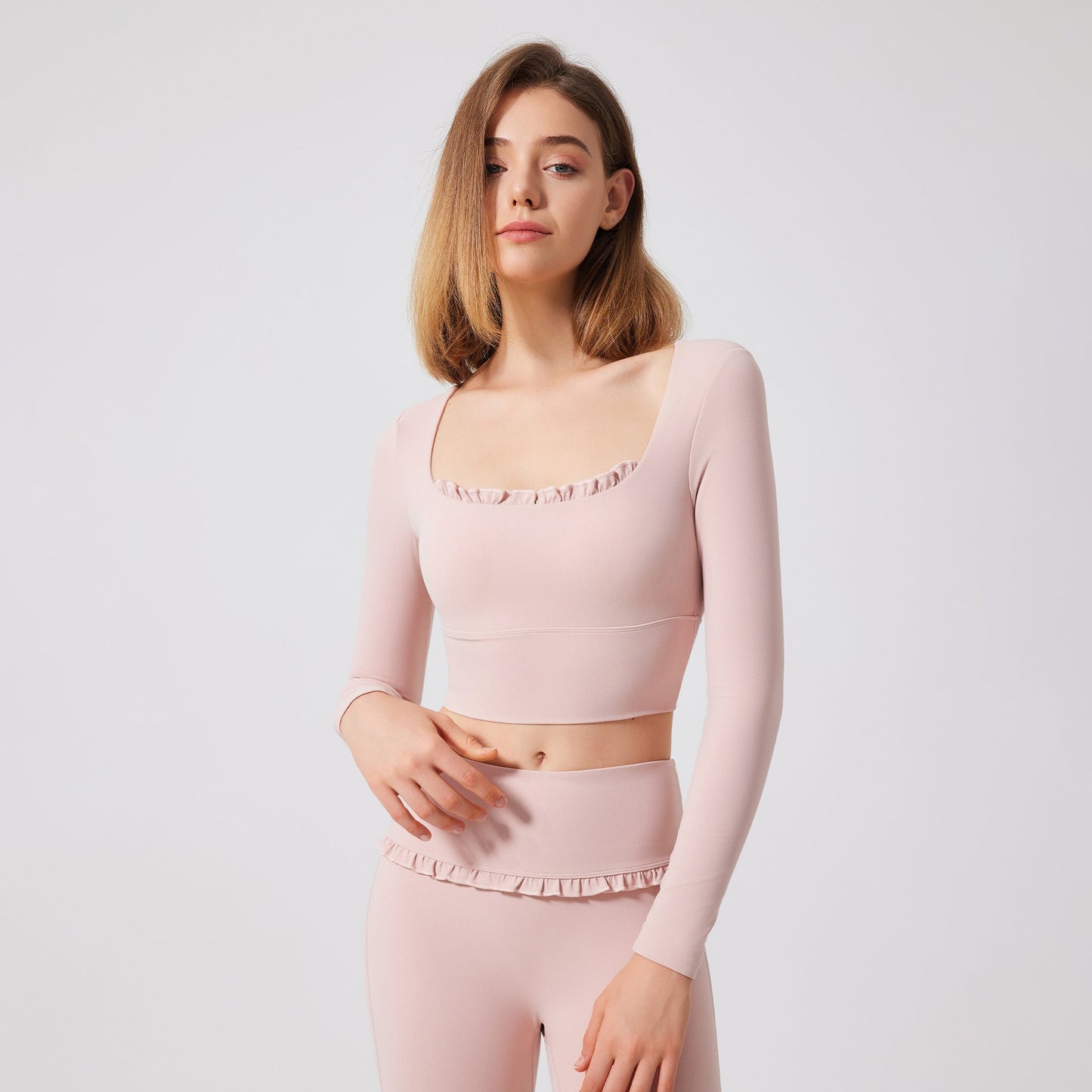 Autumn Winter Nude Feel Lace Yoga Clothes Long Sleeve Semi Fixed Cup Running Slim Sports Bra Breathable Workout Clothes Top