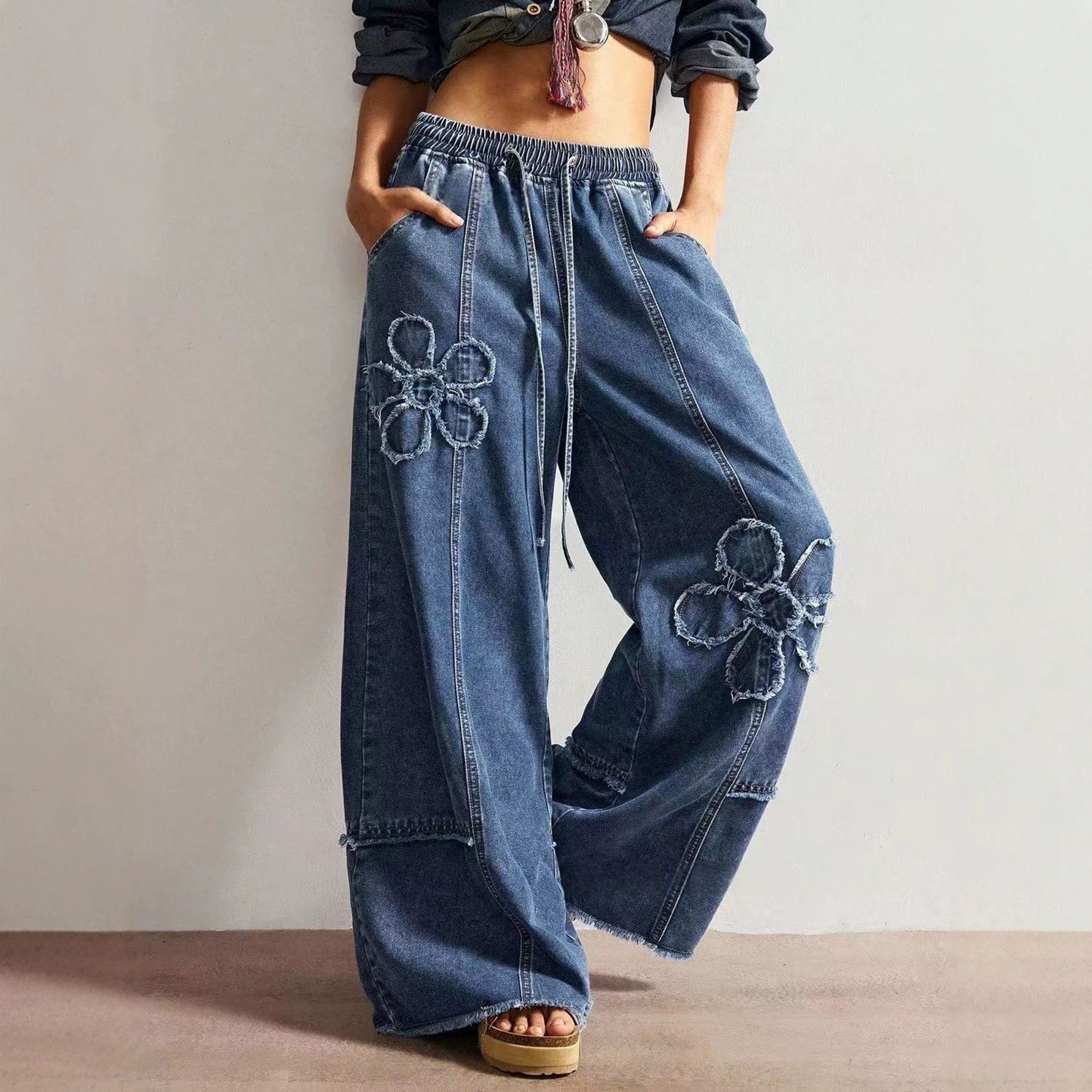 Jeans Retro Floral Stitching Mop Trousers Women Jeans