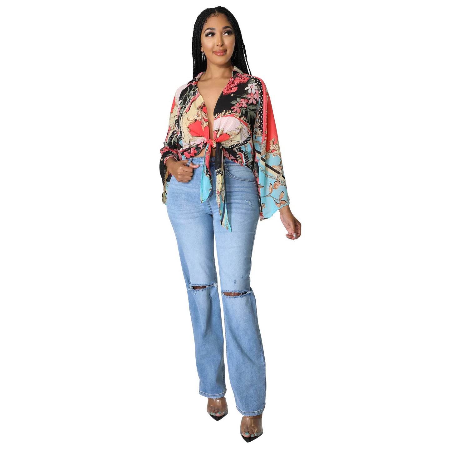 Summer Women Clothing What Printed Long Sleeve Flared Sleeves Short Top