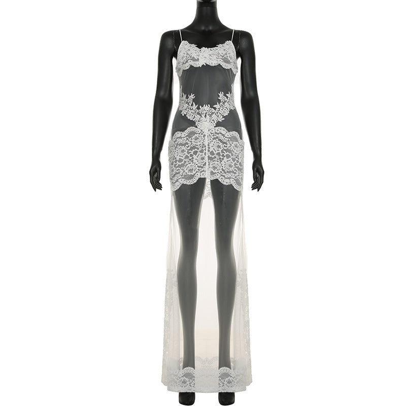 Summer Women Mesh Lace Lace Spaghetti Strap Dress See through Sexy Nightdress Vacation Maxi Dress