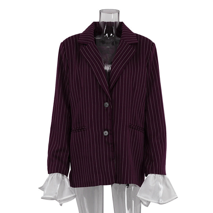 Spring Autumn Elegant Striped Blazer Women Design Lace Bell Sleeve Loose Casual